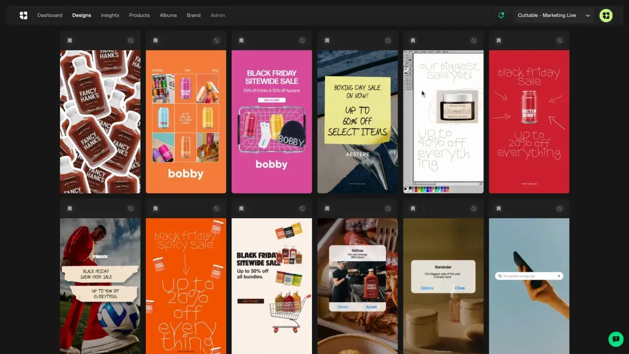 Cuttable’s ad-design dashboard showing a grid of ecommerce campaign creatives