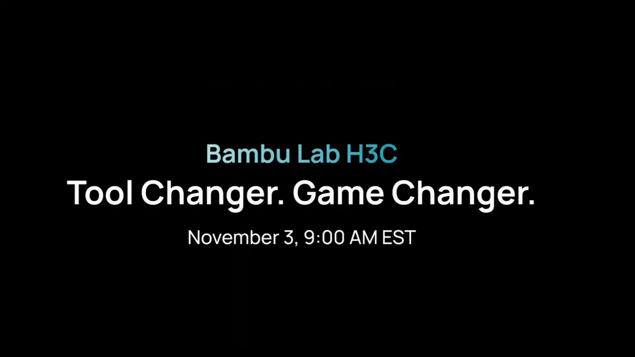 Bambu Lab H3C teaser image showing a printer with a front-mounted tool rack and numbered positions.