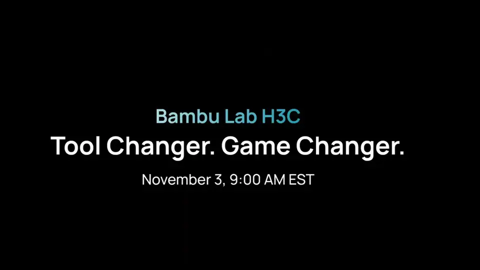 Bambu Lab H3C teaser image showing a printer with a front-mounted tool rack and numbered positions.