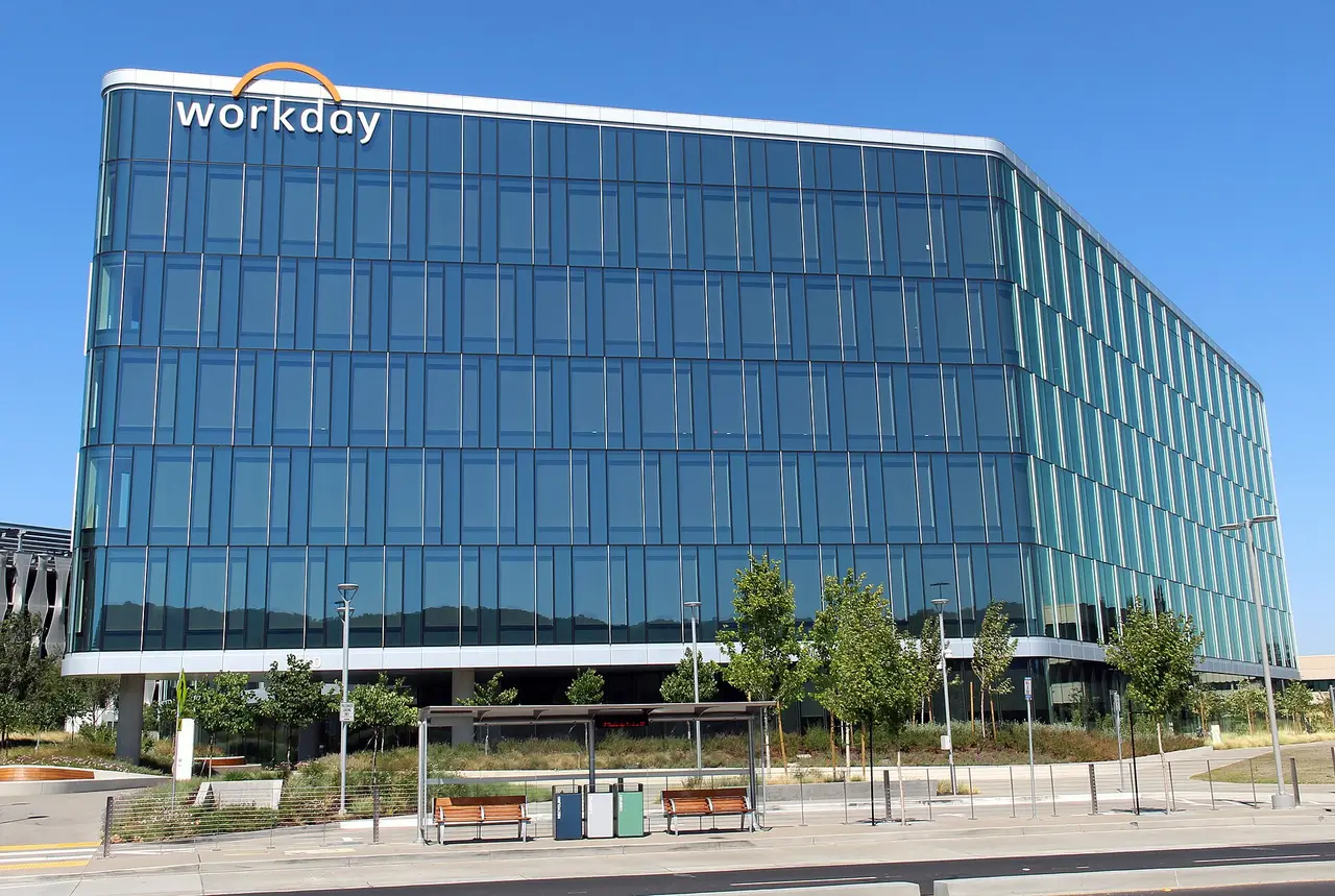 Glass-walled Workday headquarters building in Pleasanton, California