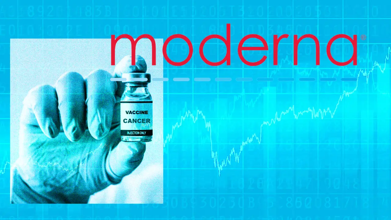 Illustration of a gloved hand holding a cancer-vaccine vial beside Moderna branding and stock-market graphics.
