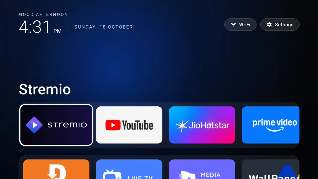 A customized Android TV launcher showing a clock, glowing app tiles, navigation shortcuts and a dark background