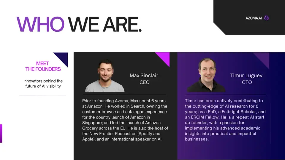 Azoma founders Max Sinclair and Timur Luguev pictured in a company introduction slide.