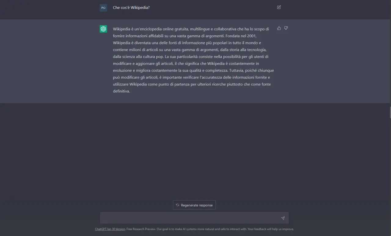 Archive screenshot of the ChatGPT chat interface answering a question about Wikipedia; an earlier version of the interface, not the GPT-6 Intelligent UI.