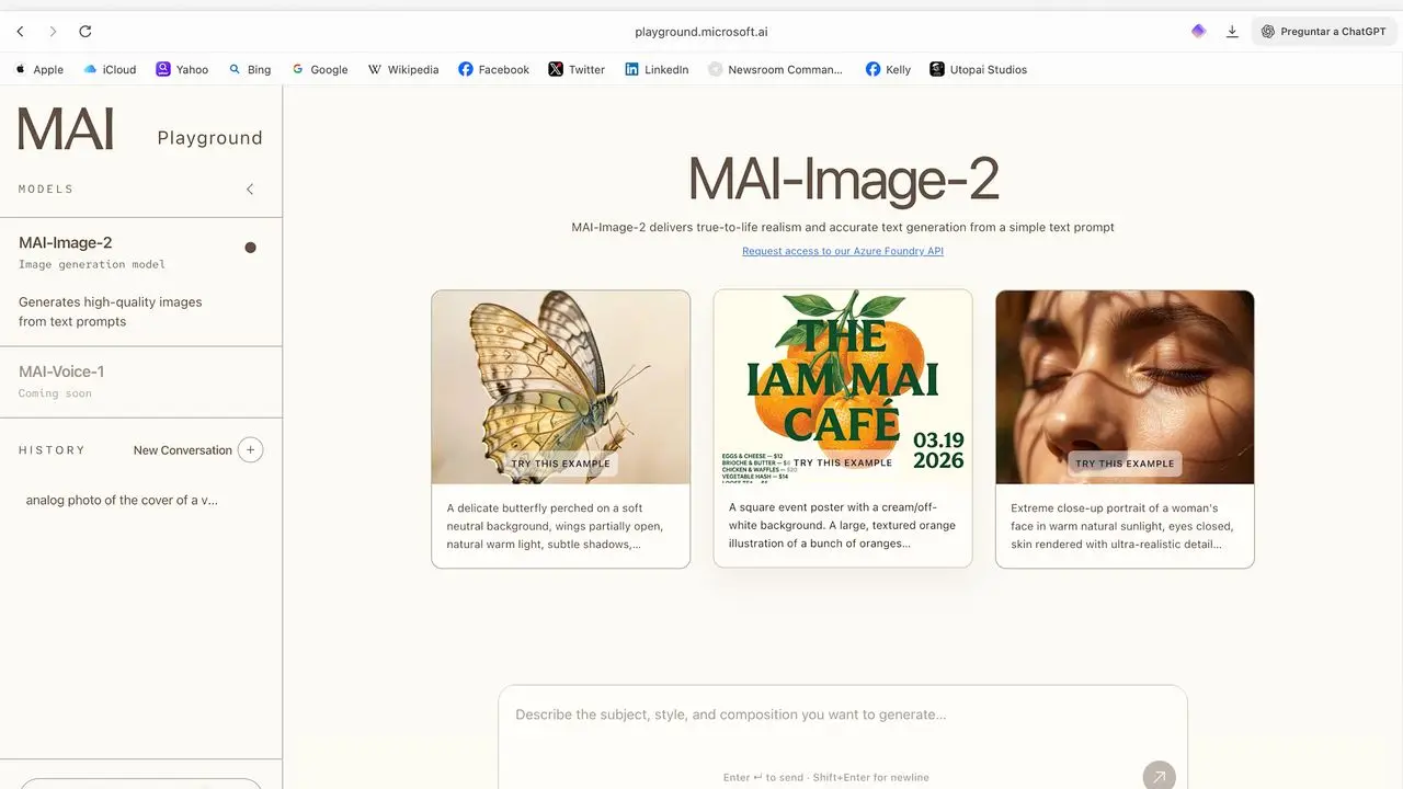 Microsoft's MAI Image playground displays sample generated images and model controls.