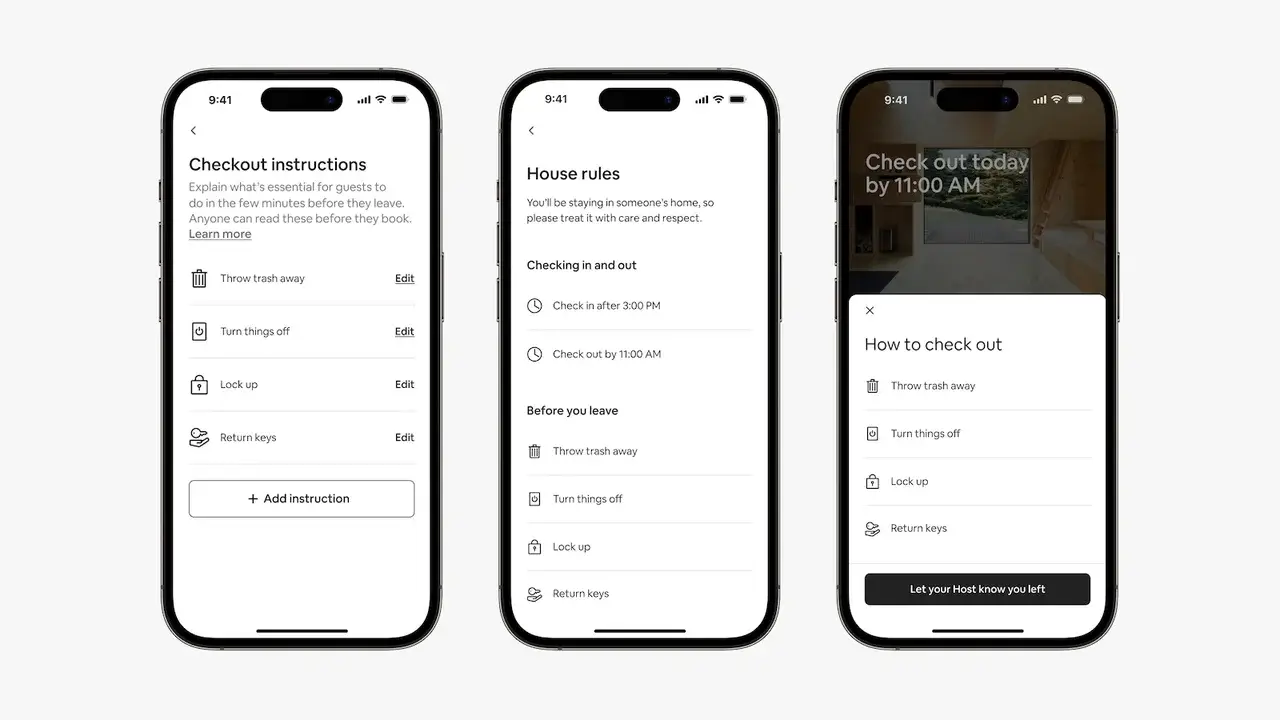 Illustrated Airbnb-style checkout instructions on a phone, representing the guest checkout task changes