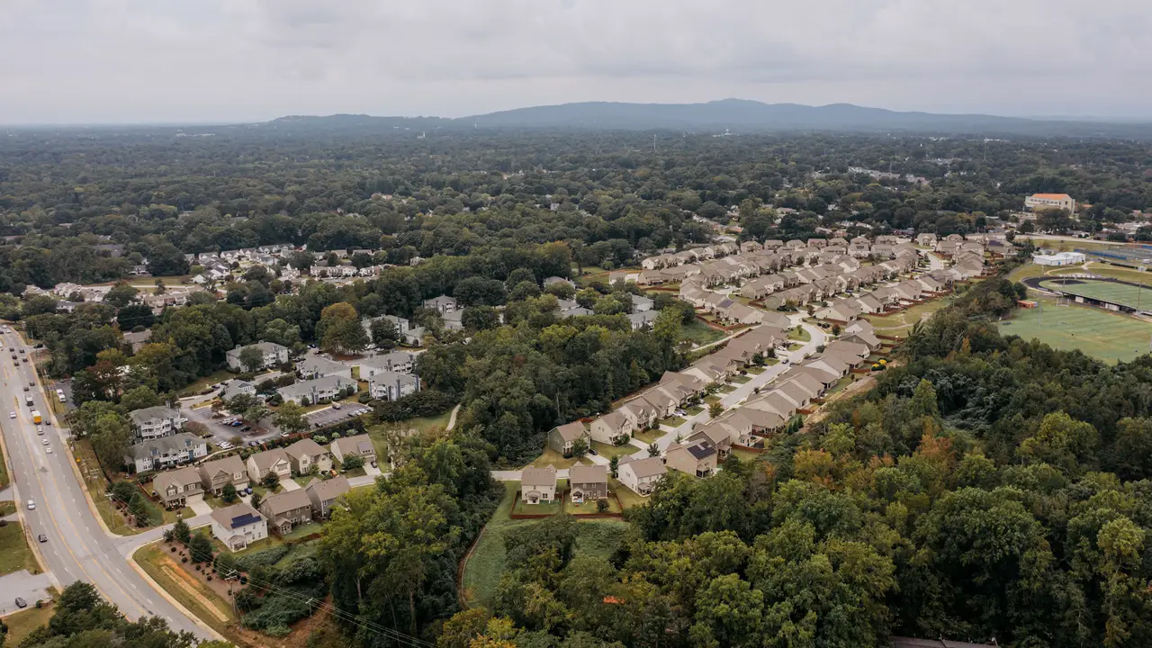 Aerial view of a tree-lined suburban neighborhood in South Carolina